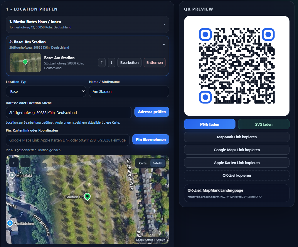 MapMark Oberfläche mit Location-Prüfung, Satellitenkarte und QR Preview