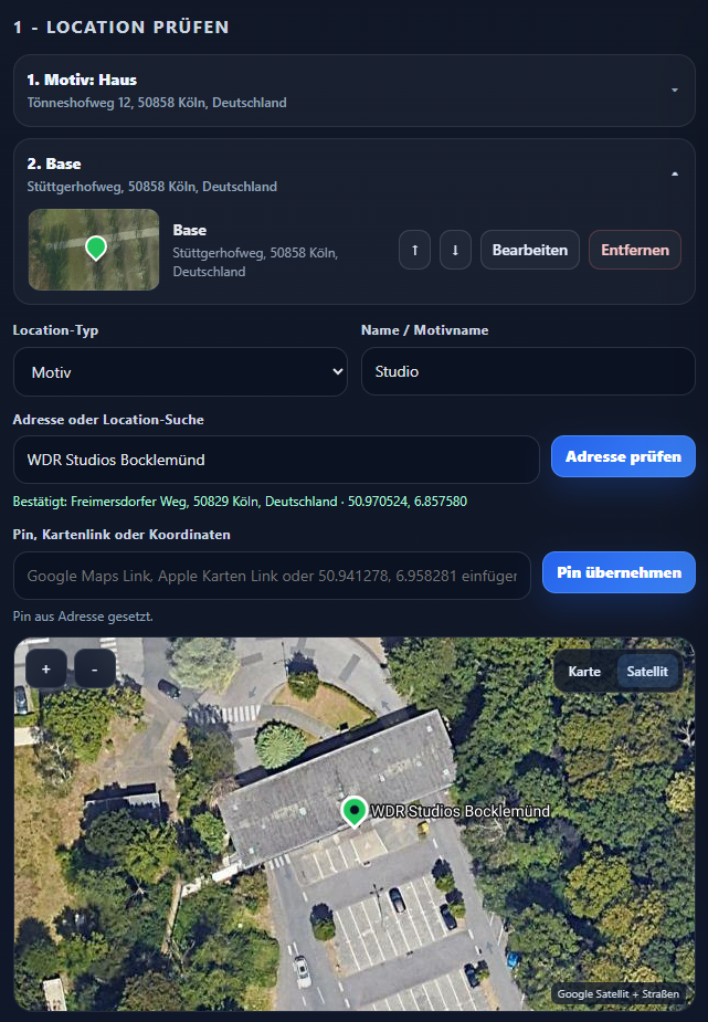MapMark Oberfl&auml;che mit mehreren Locations und Satellitenkarte